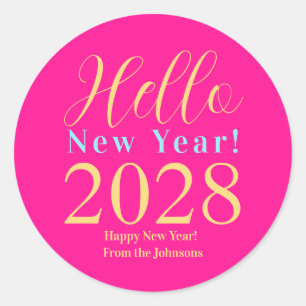 New Year's Eve Happy New Year Hot Pink Classic Round Sticker