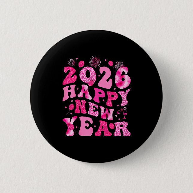 New Year's Eve Hello 2026 Groovy Family Matching C Button (Front)