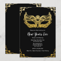New Year's Eve Holiday Gold Mask Invitation