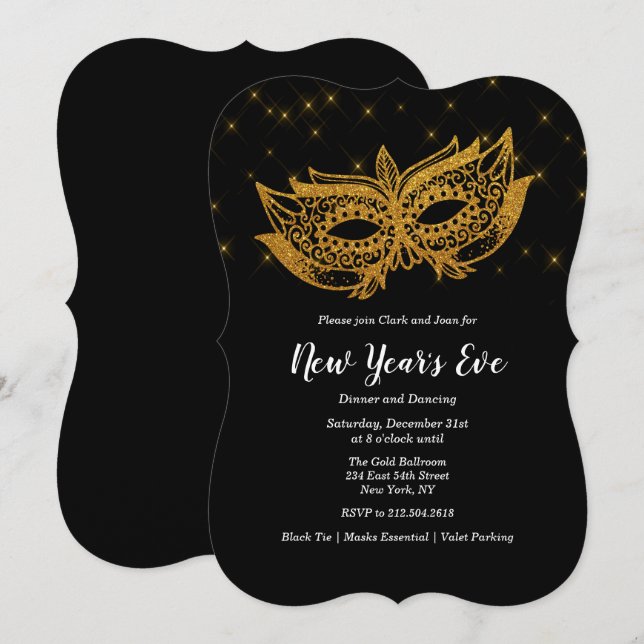 New Year's Eve Holiday Gold Mask Invitation (Front/Back)