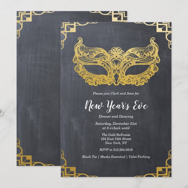New Year's Eve Holiday Gold Mask Invitation (Front/Back)