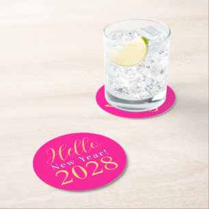 New Year's Eve Hot Pink Party Round Paper Coaster