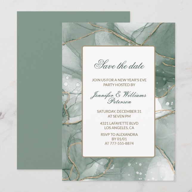 New year's eve invitation Green Gold save the date (Front/Back)