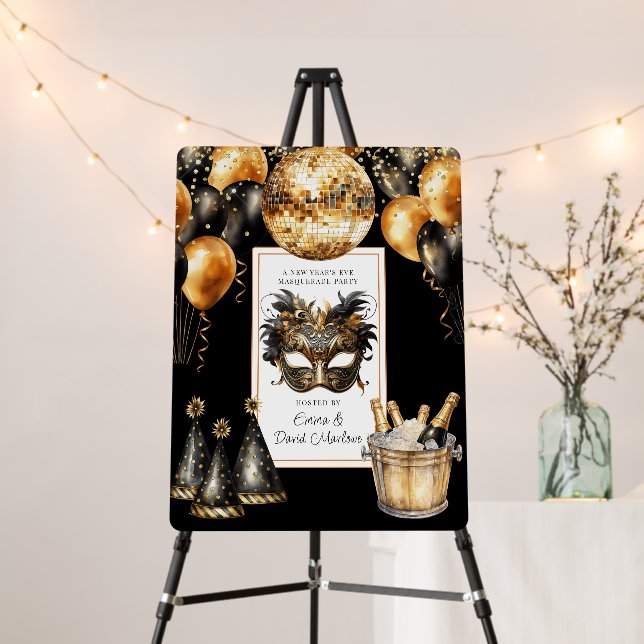 New Year's Eve Masquerade Party Gold Black Glitter Foam Board (In Situ (Stand))