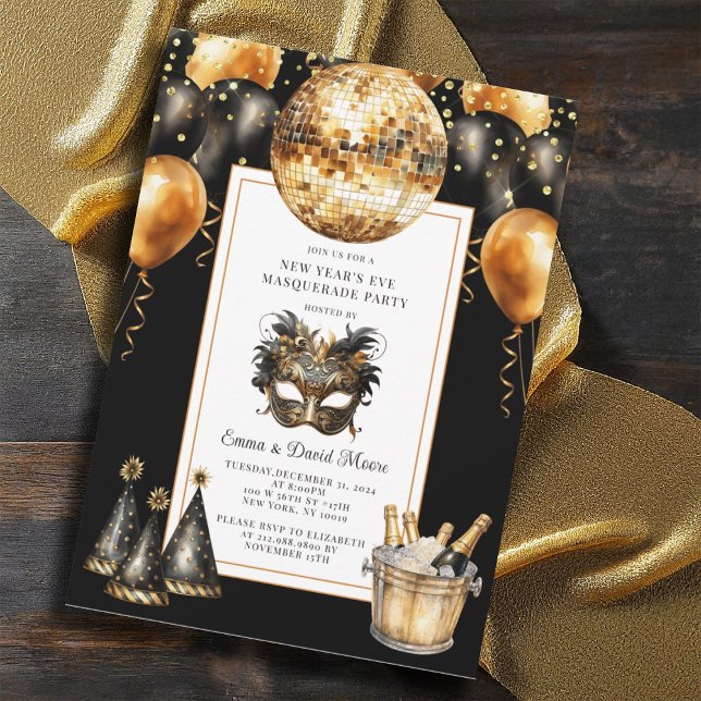 New Year's Eve Masquerade Party Gold Black Glitter Invitation (Creator Uploaded)