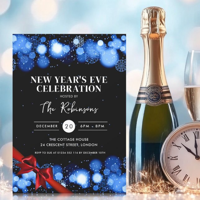 New Years Eve Navy Black Winter Wonder Red Bow Invitation (New Years Eve Navy Black Winter Wonder Red Bow Invitation)
