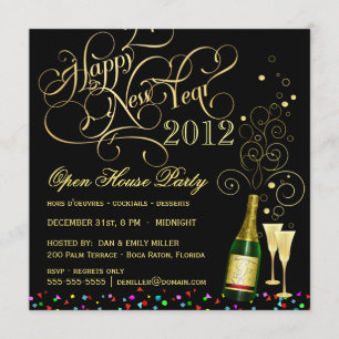 New Year's Eve Open House Party - Black and Gold Invitation