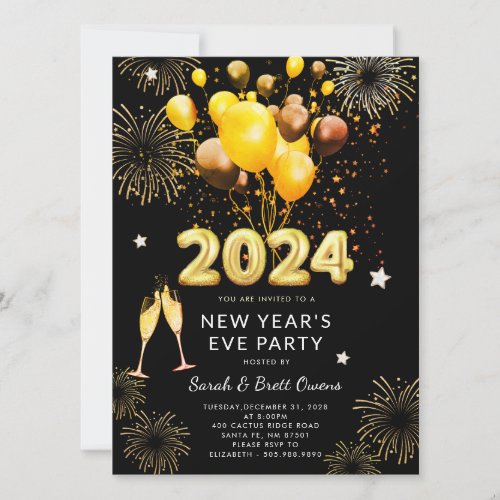 New Years Eve Party 2023 Gold Balloons Fireworks  Invitation