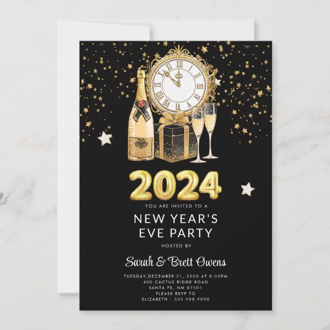 New Year's Eve Party 2023 Gold Champagne Stars Invitation (Front)