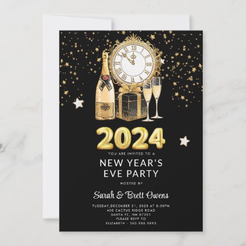 New Years Eve Party 2023 Gold Champagne Stars Invitation