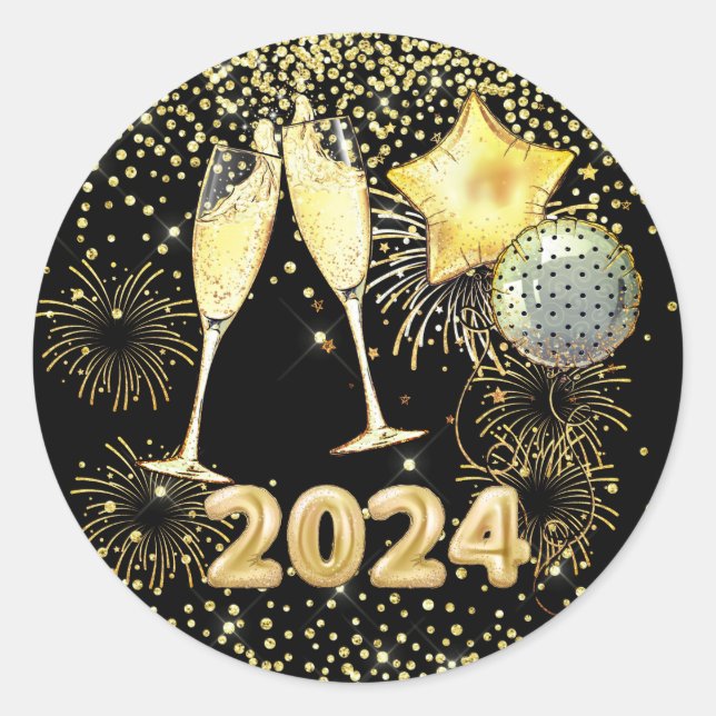 New Year's Eve Party 2023 Gold Glitter On Black Classic Round Sticker (Front)