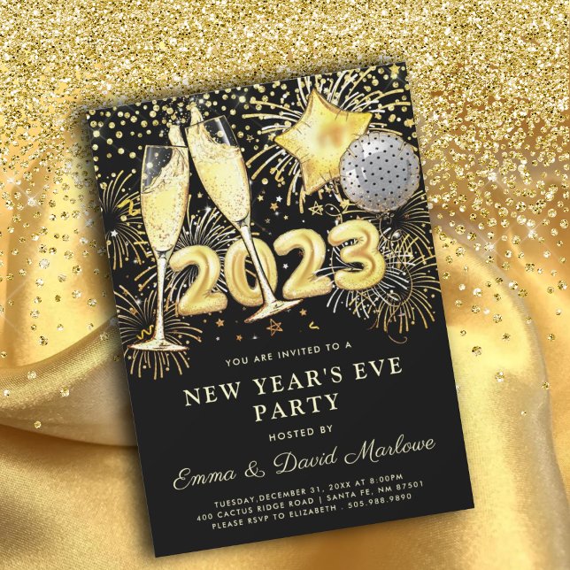 New Year's Eve Party 2023 Gold Glitter On Black  Invitation (Creator Uploaded)