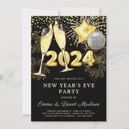 New Years Eve Party 2024 Gold Glitter Black  Invitation