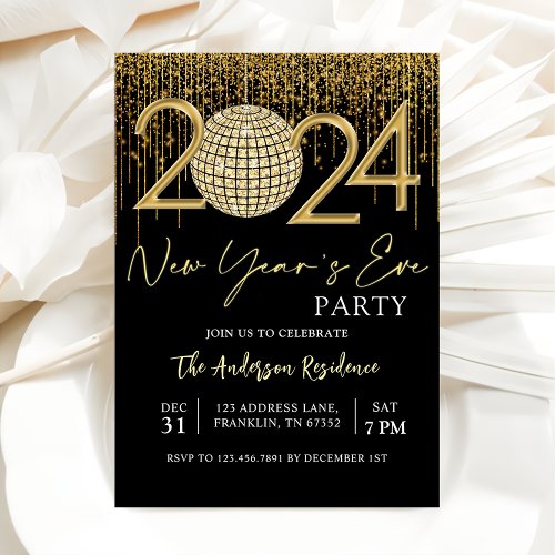 New Years Eve Party 2024 Gold Glitter Disco Ball Invitation