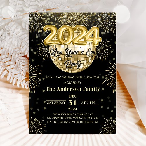 New Years Eve Party 2024 Gold Glitter Disco Ball  Invitation