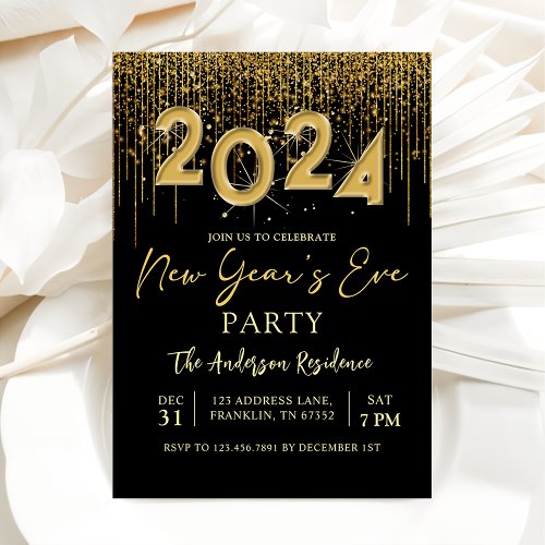 New Years Eve Party 2024 Gold Glitter Invitation