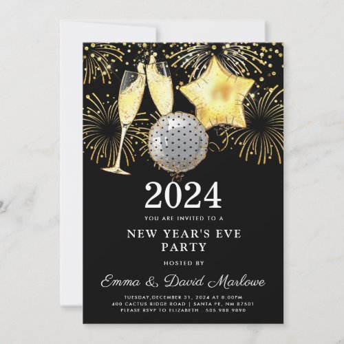 New Years Eve Party 2024 Gold Glitter On Black  I Invitation