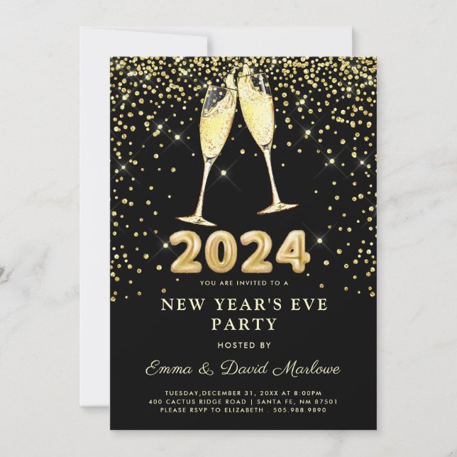 New Year's Eve Party 2024 Gold Glitter On Black  Invitation (Front)