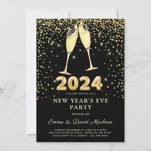 New Years Eve Party 2024 Gold Glitter On Black  Invitation