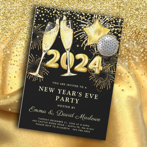 New Year's Eve Party 2024 Gold Glitter On Black  Invitation
