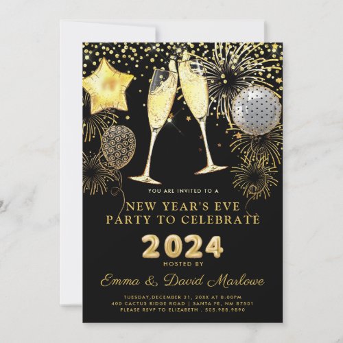 New Years Eve Party 2024 Gold Glitter On Black   Invitation