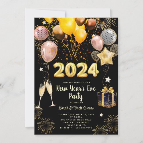 New Years Eve Party 2024 Gold Glitter On Black  Invitation
