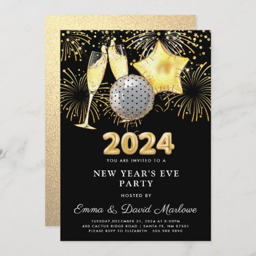 New Years Eve Party 2024 Gold Glitter On Black  Invitation