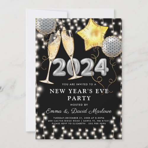 New Years Eve Party 2024 Silver Glitter Black  Invitation