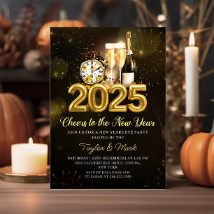 New Year's Eve Party 2025 Black Gold Champagne Invitation