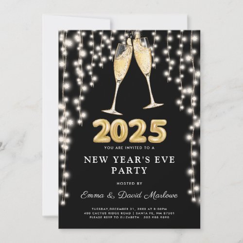 New Years Eve Party 2025 Champagne String Lights  Invitation