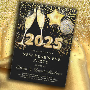 New Year's Eve Party 2025 Gold Black Modern Invitation