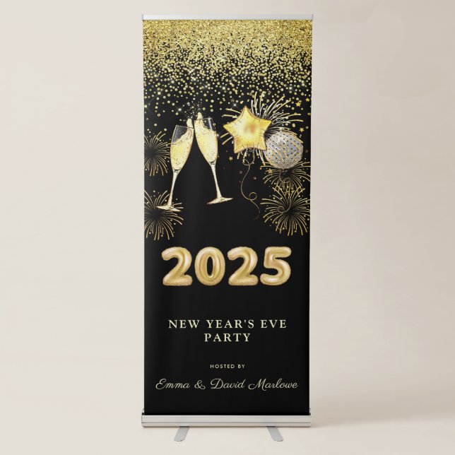 New Year's Eve Party 2025 Gold Black Modern Retractable Banner (Front)