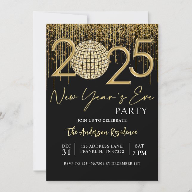 New Year's Eve Party 2025 Gold Glitter Disco Ball Invitation (Front)