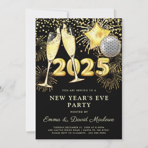 New Years Eve Party 2025 Gold Glitter On Black  Invitation