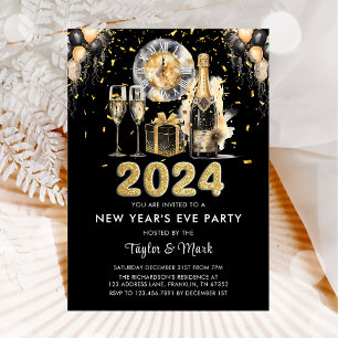 New Year's Eve Party Balck Gold Glitter Champagne Invitation