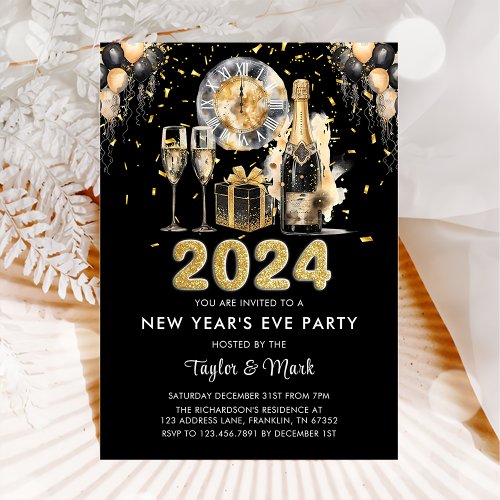 New Years Eve Party Balck Gold Glitter Champagne Invitation