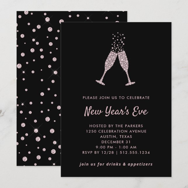 New Years Eve Party | Black and Blush Confetti Invitation (Front/Back)