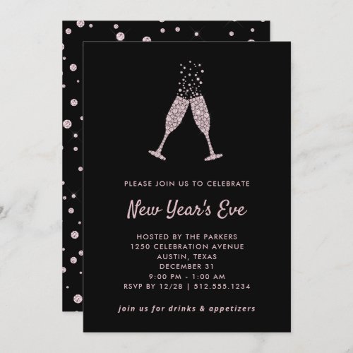 New Years Eve Party  Black and Blush Confetti Invitation