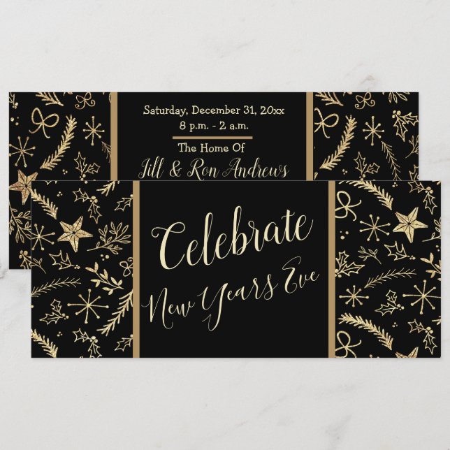 New Years Eve Party Black and Gold Invitation (Front/Back)