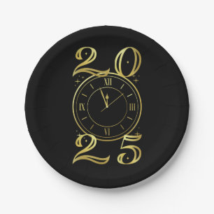 New Years Eve Party Black and Gold Paper Plates