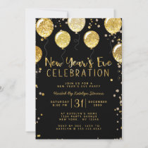 New Year's Eve Party Black & Gold Balloon Confetti Holiday Card