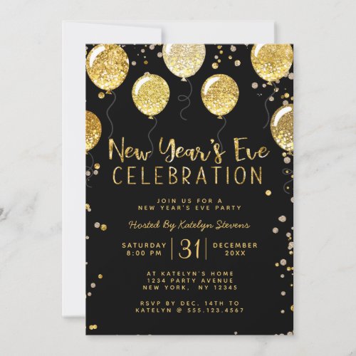 New Years Eve Party Black  Gold Balloon Confetti Holiday Card