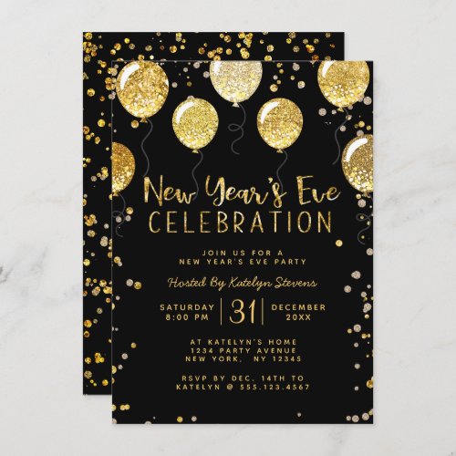 New Years Eve Party Black  Gold Balloon Confetti Invitation