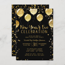 New Year's Eve Party Black & Gold Balloon Confetti Invitation