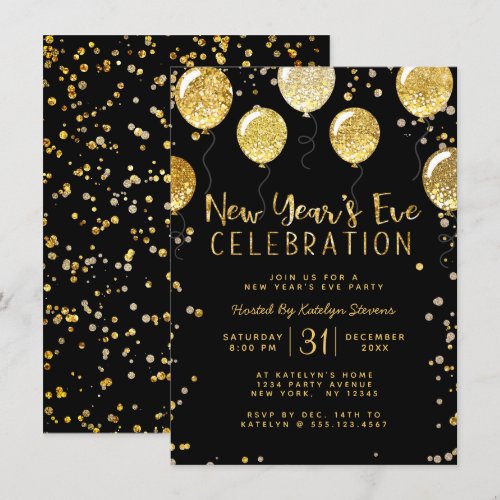New Year's Eve Party Black & Gold Balloon Confetti Invitation New Year's Eve Party Black & Gold Balloon Confetti Invitation
