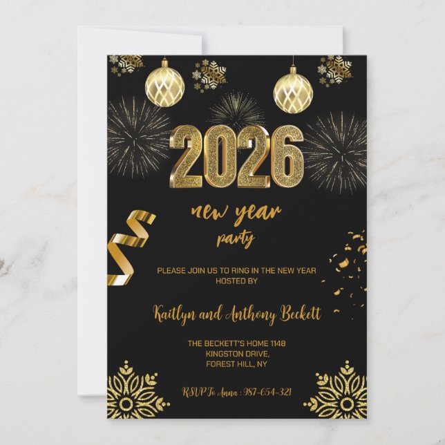 New Year's Eve Party Black & Gold Balloon Confetti Invitation (Front)
