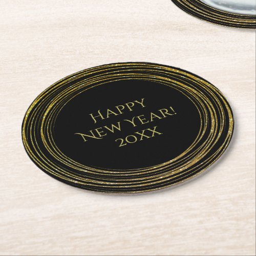 New Years Eve Party Black Gold Glitter Art Deco Round Paper Coaster