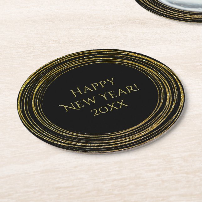 New Year's Eve Party Black Gold Glitter Art Deco Round Paper Coaster (Angled)