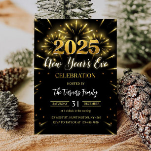 New Year's Eve Party Black & Gold Glitter Invitation