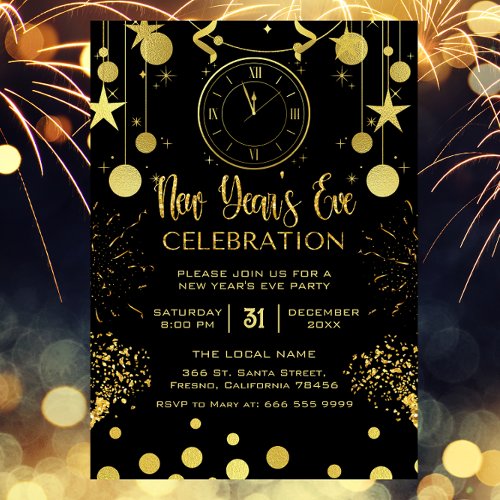 New Years Eve Party Black  Gold Glitter Invitation